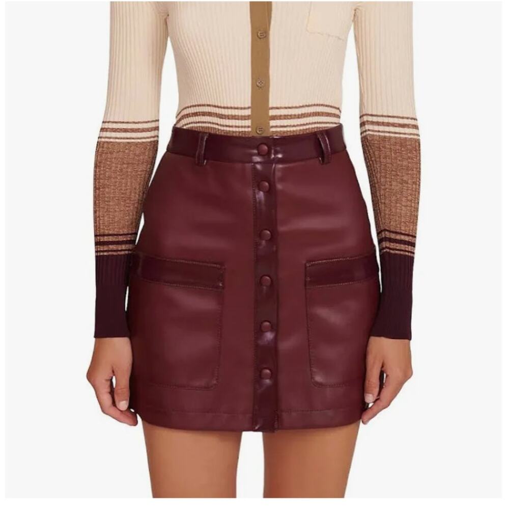STAUD Paper Skirt Faux Leather Snap Front Mini Skirt Plum